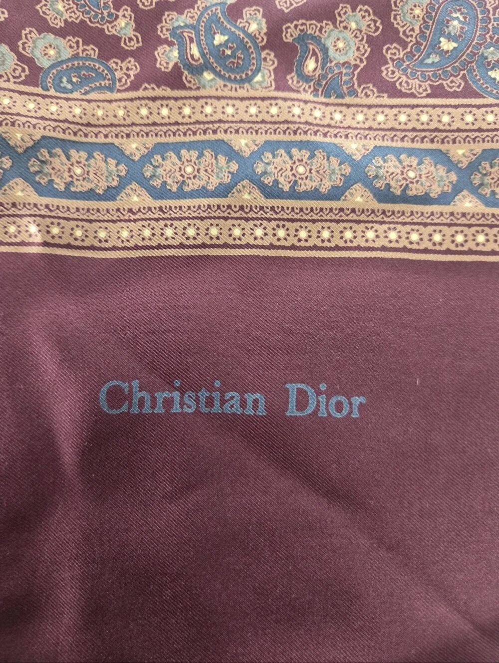 Christian Dior Satin Silk Burgundy Paisley Rectangle Scarf w/ Fringe Logo